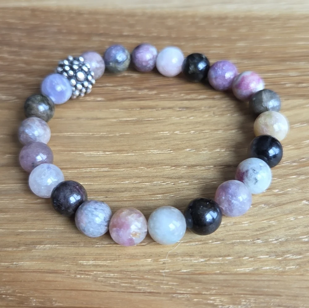Pink & Purple Tourmaline Beads Stretch Bracelet, Handcrafted